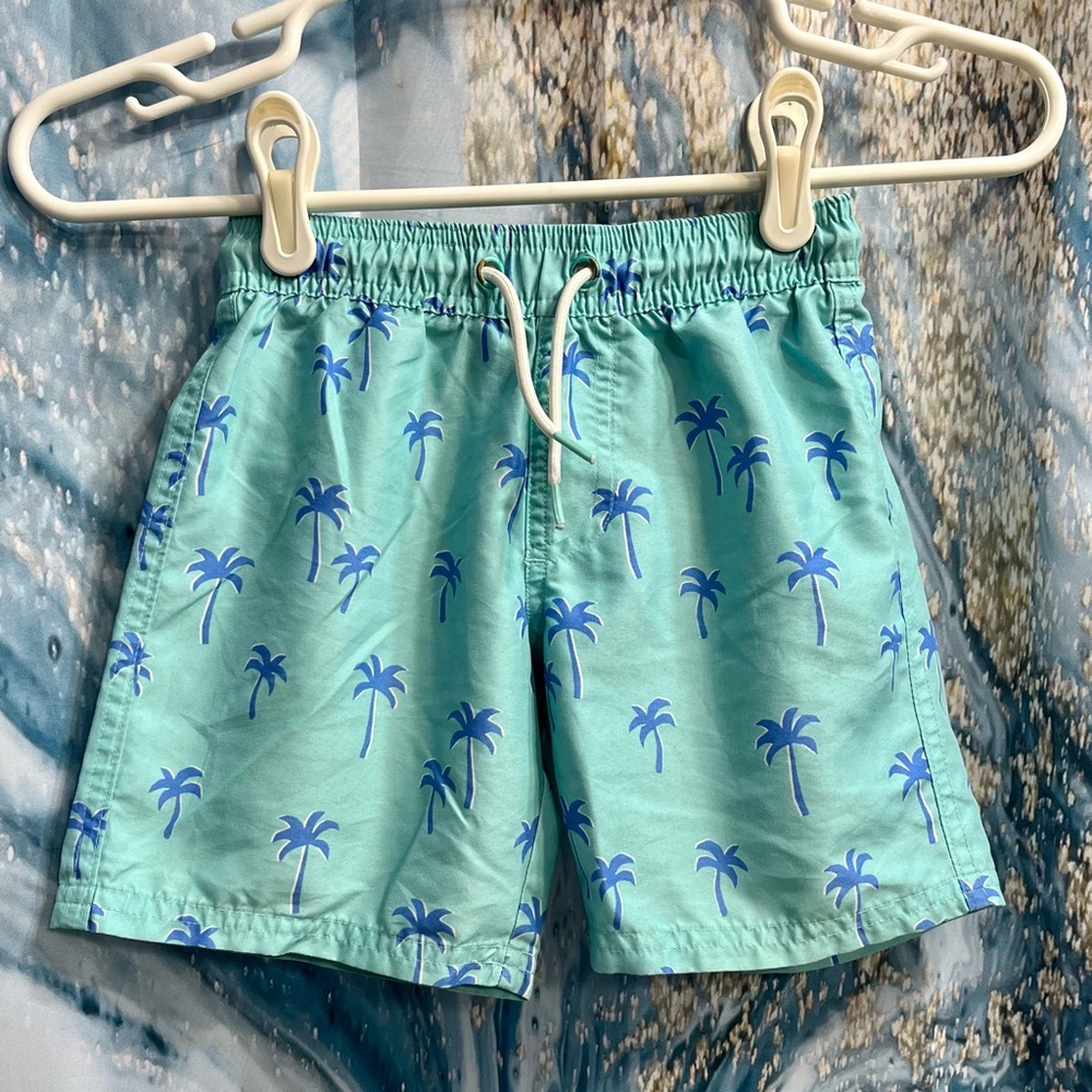 Boys M&S Swim Trunks Size 5 Turquoise With Blue Palm Trees